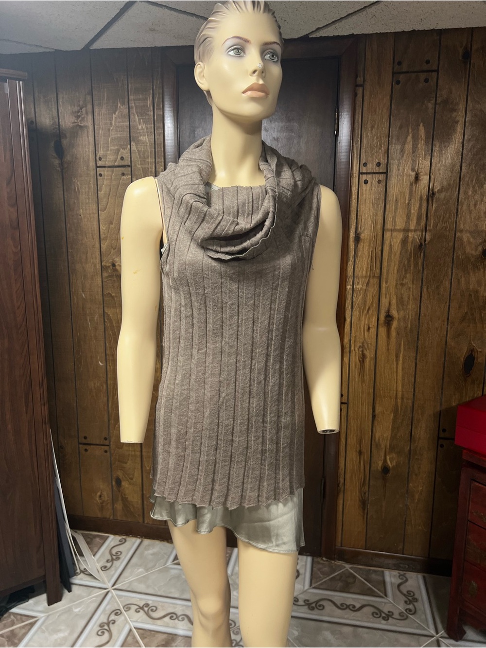 Sleeveless Cowl Neck Ribbed Knit Sweater Tunic - Taupe, Sz.S(6)
